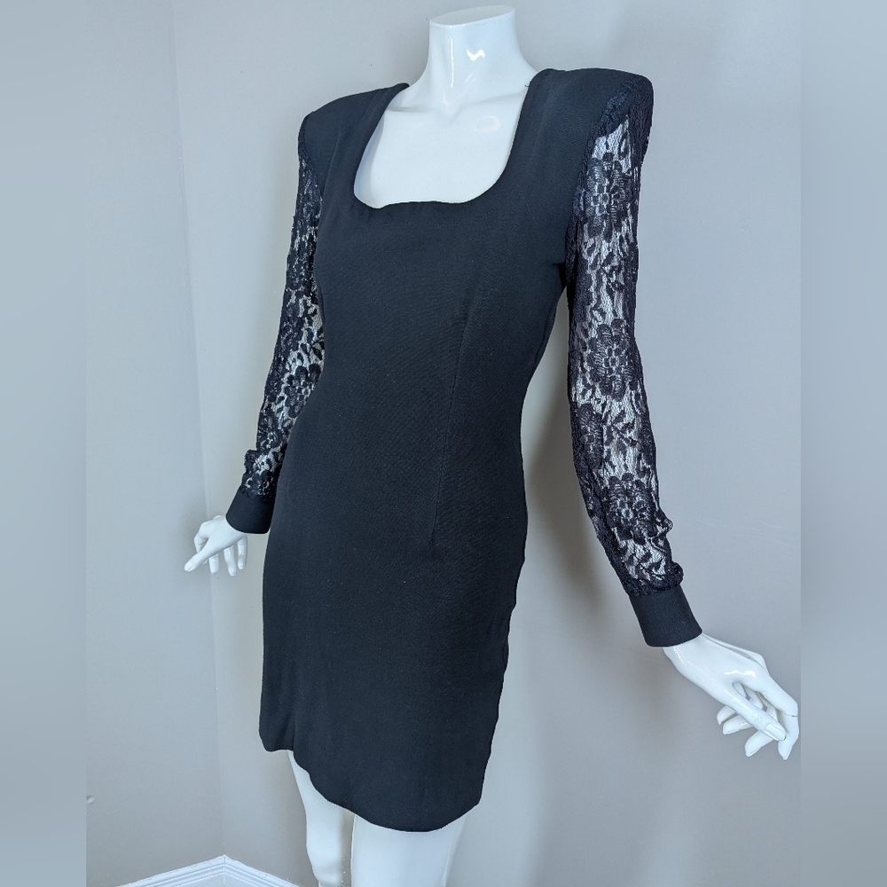 Vintage 90s Black Bodycon Mini Dress Lace Sleeves Power Shoulders S